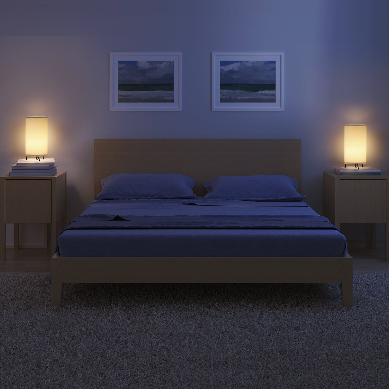 Modern Bedside Lamps with White Fabric Shade (Set of 2)， Simple Metal Base Nightstand Lights.