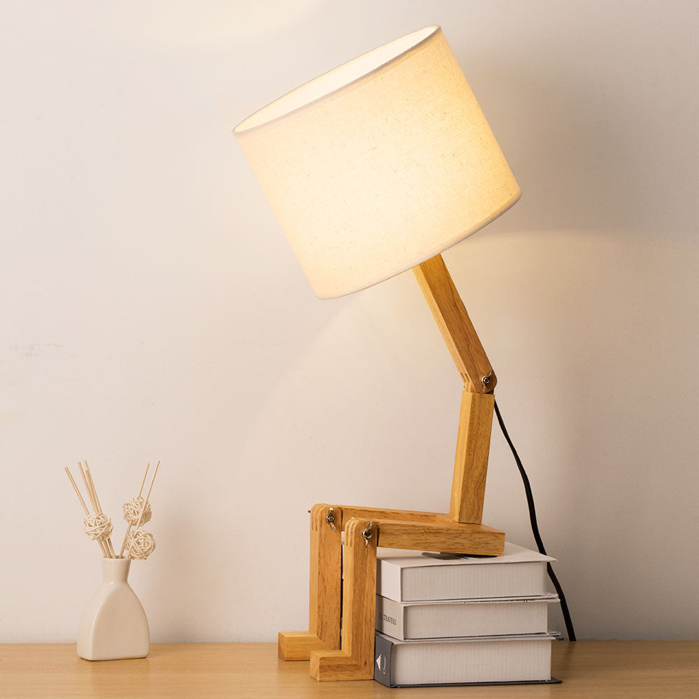 Creative Robot Wooden Desk Lamp, Adjustable Shape Bedside Lamp with Built-in Phone Holder