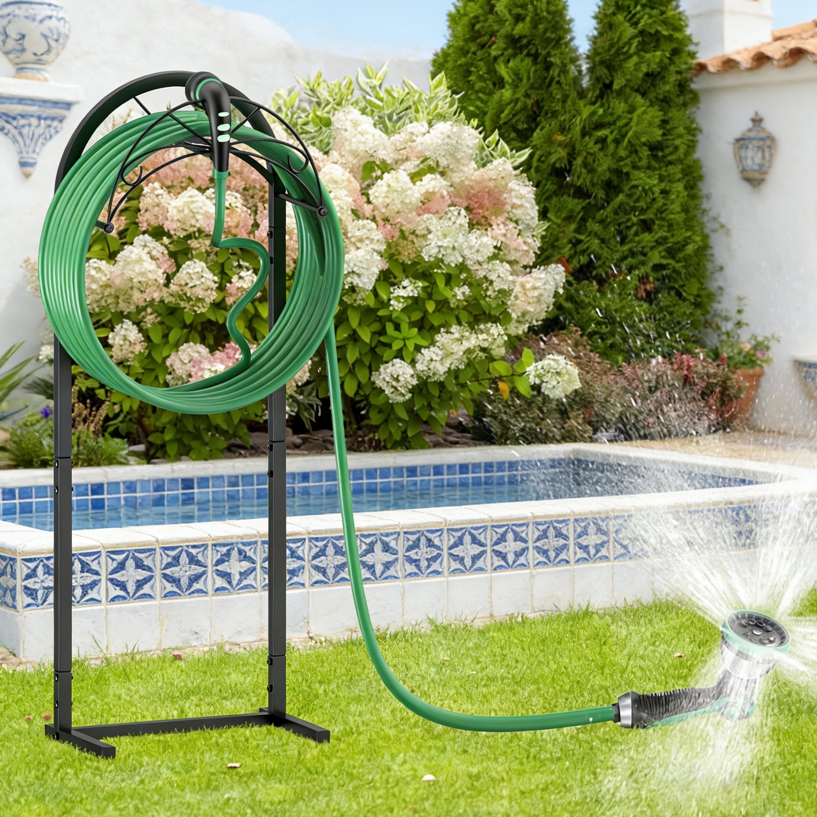 Freestanding Garden Hose Holder - Heavy Duty Metal Water Hose Stand with 4 Spikes - Detachable Hose Storage for Yard & Pool - Holds up to 150ft