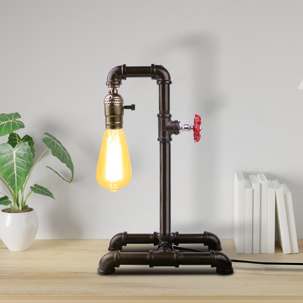 Retro Bronze Water Pipe Table Lamp with Red Valve， Steampunk Industrial Desk Lamp for Loft and Cafe Decor.