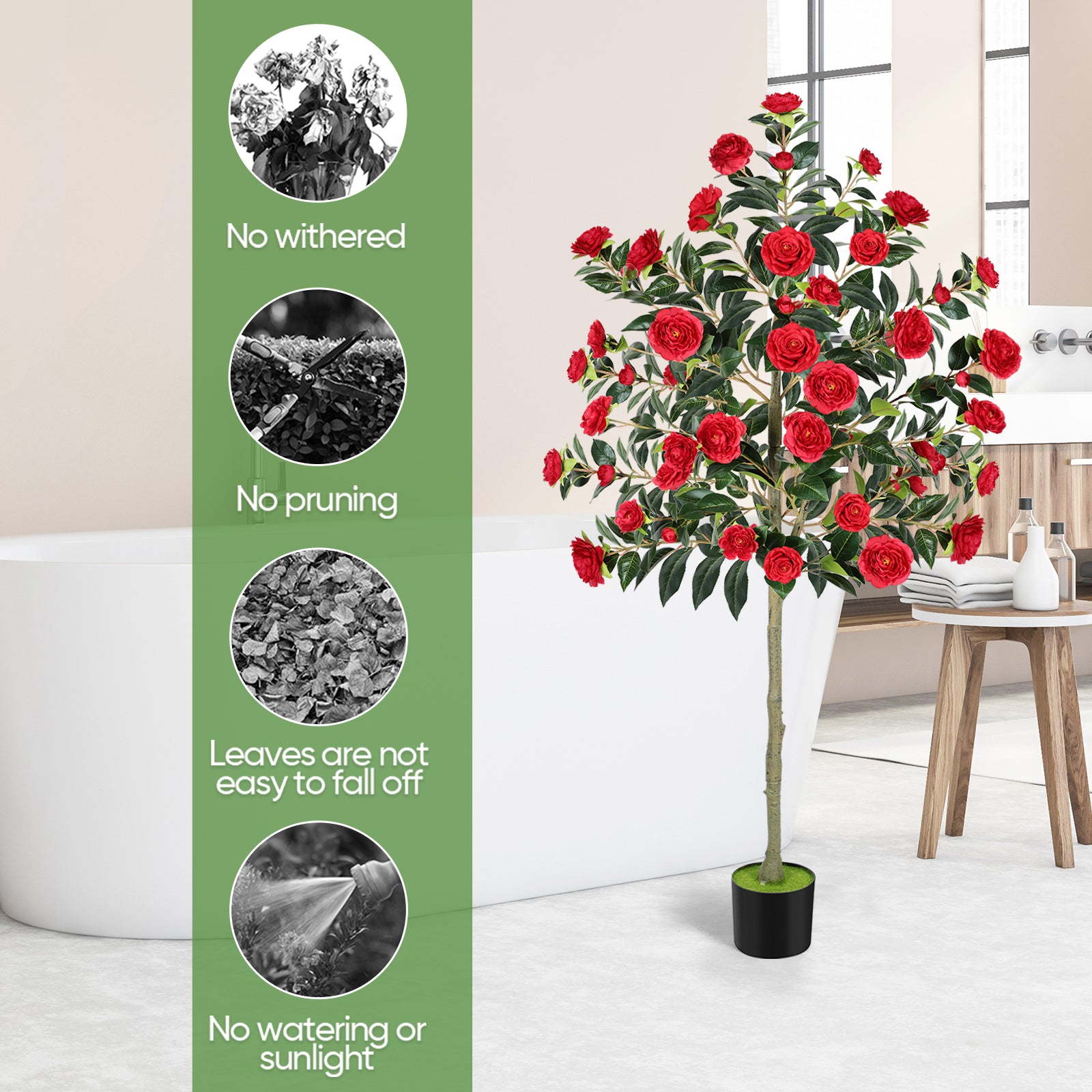 6ft Artificial Camellia Tree, Large Red Faux Blooming Tree in Pot, Tall Silk Floral Plant for Indoor Home Office & Front Door Decor