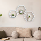 Set of 3 Hexagon Floating Shelves - Rustic Whitewashed Wood Honeycomb Wall Shelves