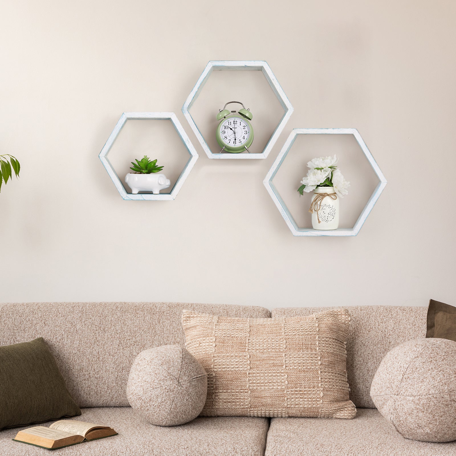 Set of 3 Hexagon Floating Shelves - Rustic Whitewashed Wood Honeycomb Wall Shelves