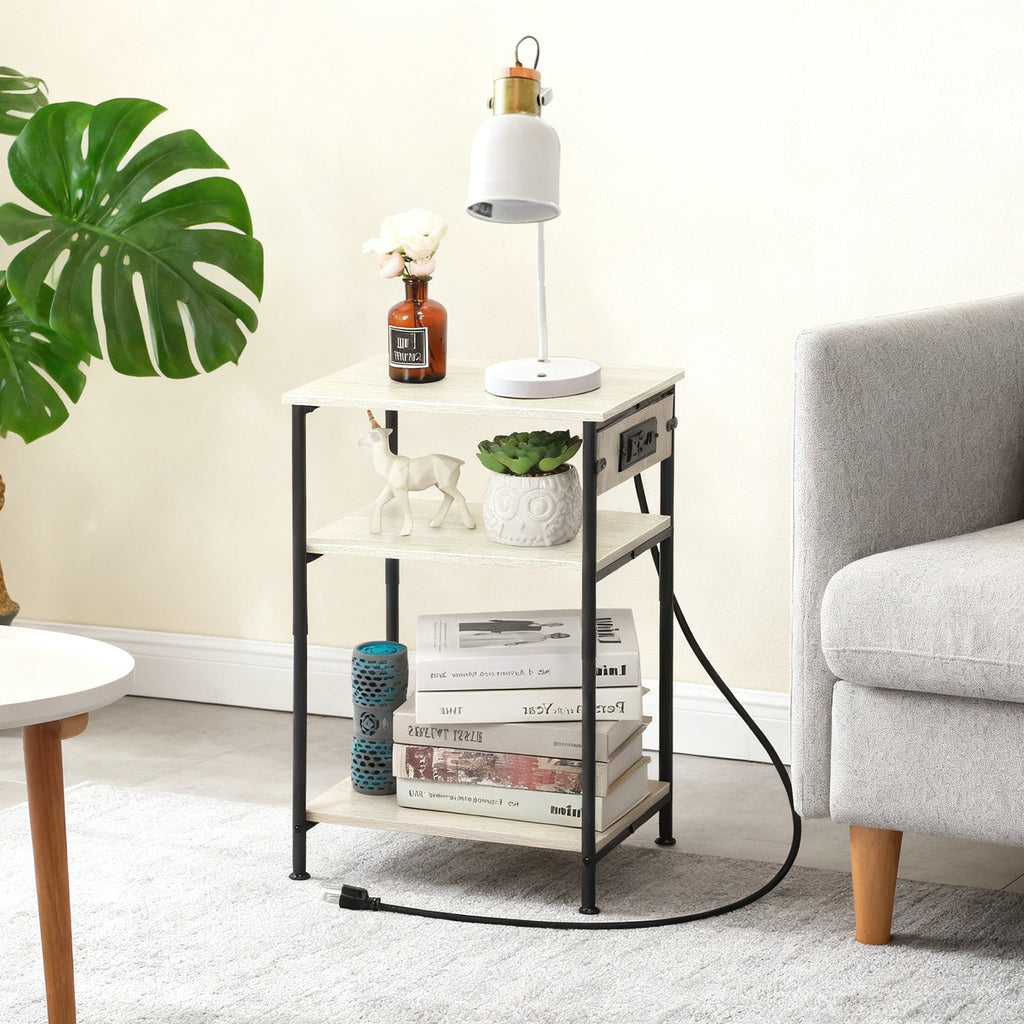 Bedside Table with Charging Station - 3-Tier Nightstand with USB Ports & Power Outlets