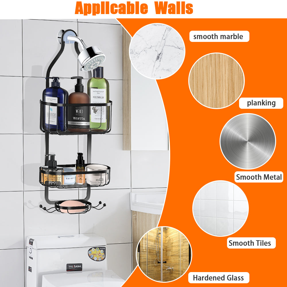 Bathroom Shower Head Hanging Caddy, Heavy Duty Powder Coated Anti-Rust Shower Organizer with 3 Storage Baskets, Drill-Free Shower Rack Accessories Holder for Bathroom Tub