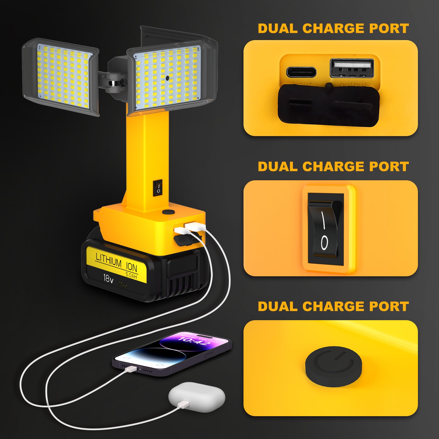 Cordless LED Work Light for DeWalt 20V/18V Battery, 15W Portable Flood Light with USB & Type-C Charging Port, 3-Head Adjustable Outdoor Worklight