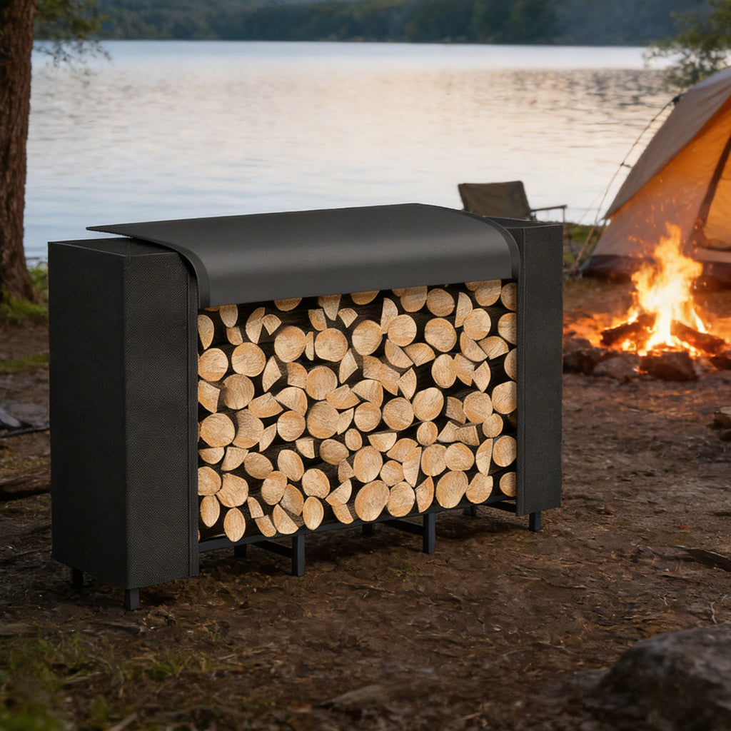 Firewood Rack with Cover - Heavy Duty Outdoor Log Holder & Storage Stand, Black