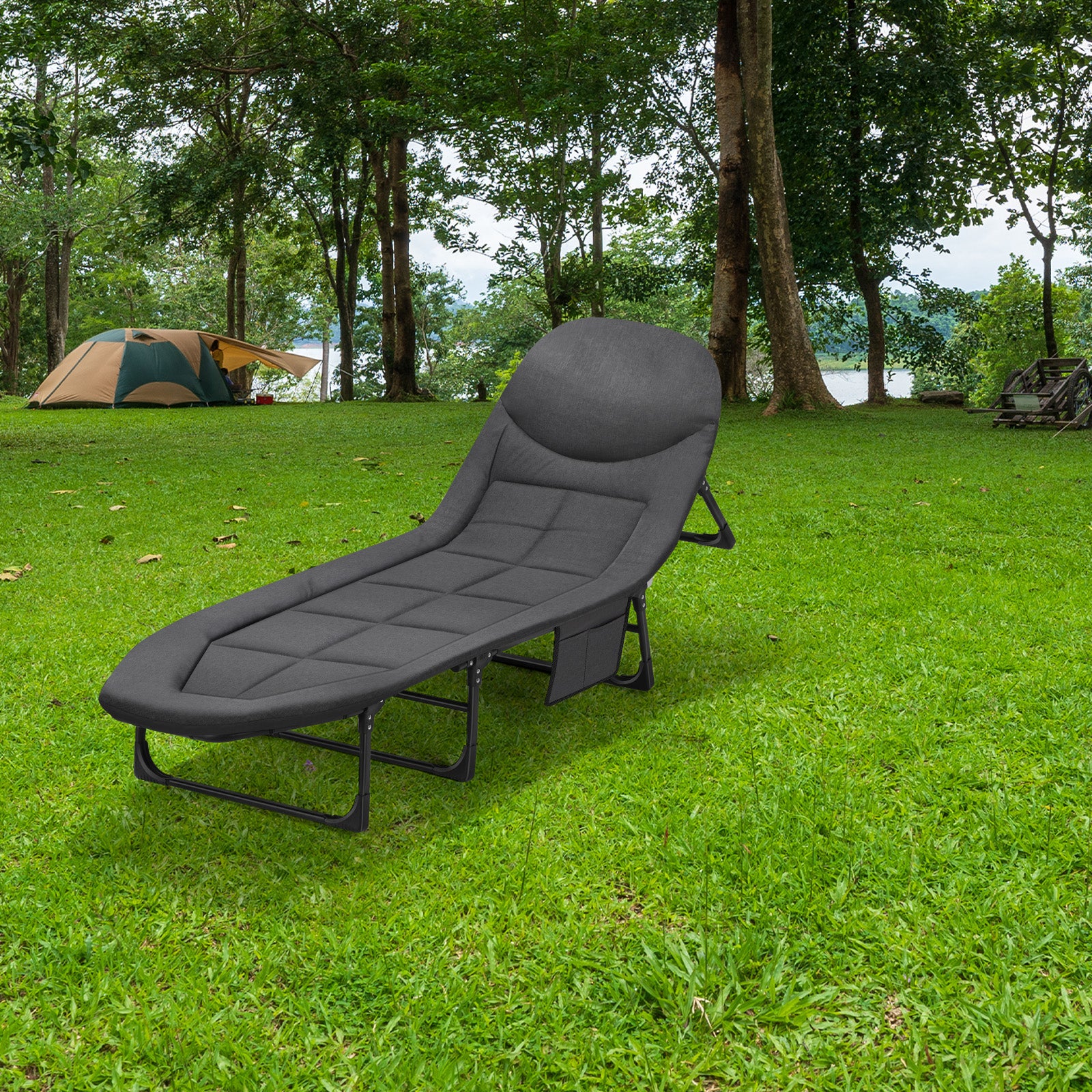 Folding Camping Cot for Adults with Cushion & Pillow, Portable Sleep Bed with Side Pocket for Outdoor Camping and Home Guest,