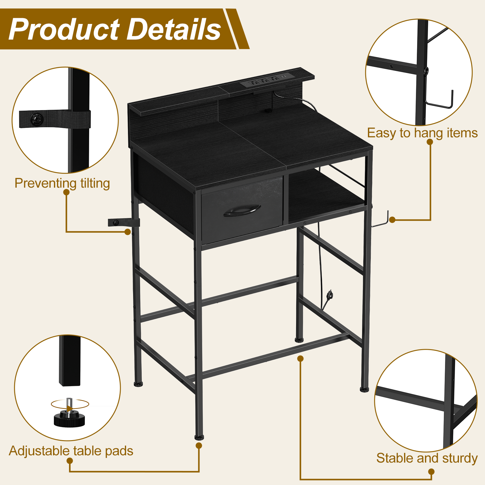 24" Small Makeup Vanity Desk - Compact Dressing Table with Power Outlets & Storage Drawer, Black,