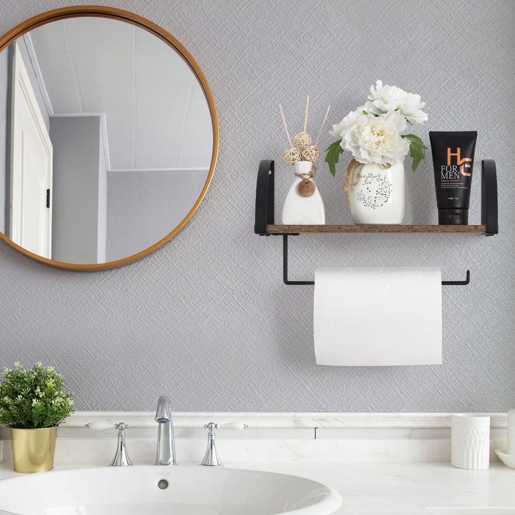 Wall-Mounted Wood Paper Towel Holder with Shelf - Farmhouse Kitchen Under-Cabinet Rack - Rustic Spice Organizer & Bathroom Towel Storage