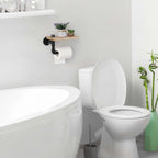 Industrial Cast Iron Pipe Tissue Holder with Rustic Wood Shelf， Wall-Mounted Decorative Bathroom Rack.