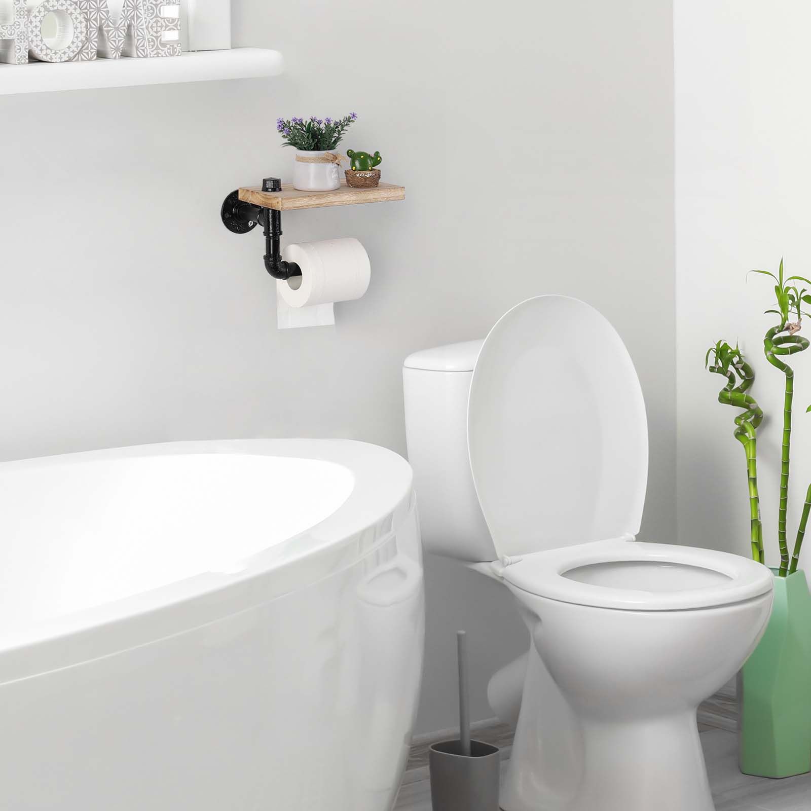 Industrial Cast Iron Pipe Tissue Holder with Rustic Wood Shelf， Wall-Mounted Decorative Bathroom Rack.
