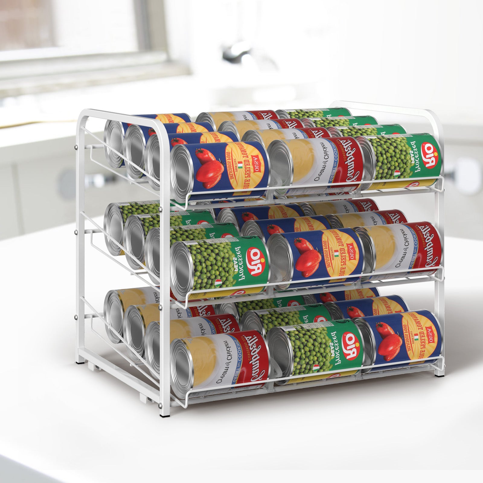 3-Tier Stackable Can Organizer Rack - Pantry Storage Holder for 36 Cans with Adjustable Dividers