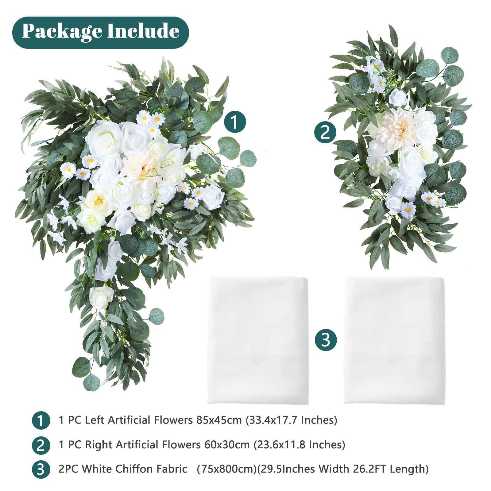 Wedding Arch Draping Fabric 2 Pack White Chiffon with 2 Artificial Flower Bouquets 30in x 26ft Chiffon Backdrop Curtain Outdoor Sheer Drapery for Ceremony Party Ceiling Decoration