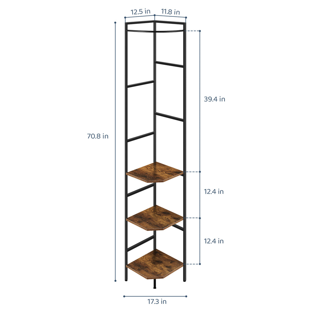 70.8 Inch Rustic Brown Tall Corner Unit with 3-Tier Shelving and Integrated Coat Rack for Versatile Small Space Storage in Living Rooms or Offices