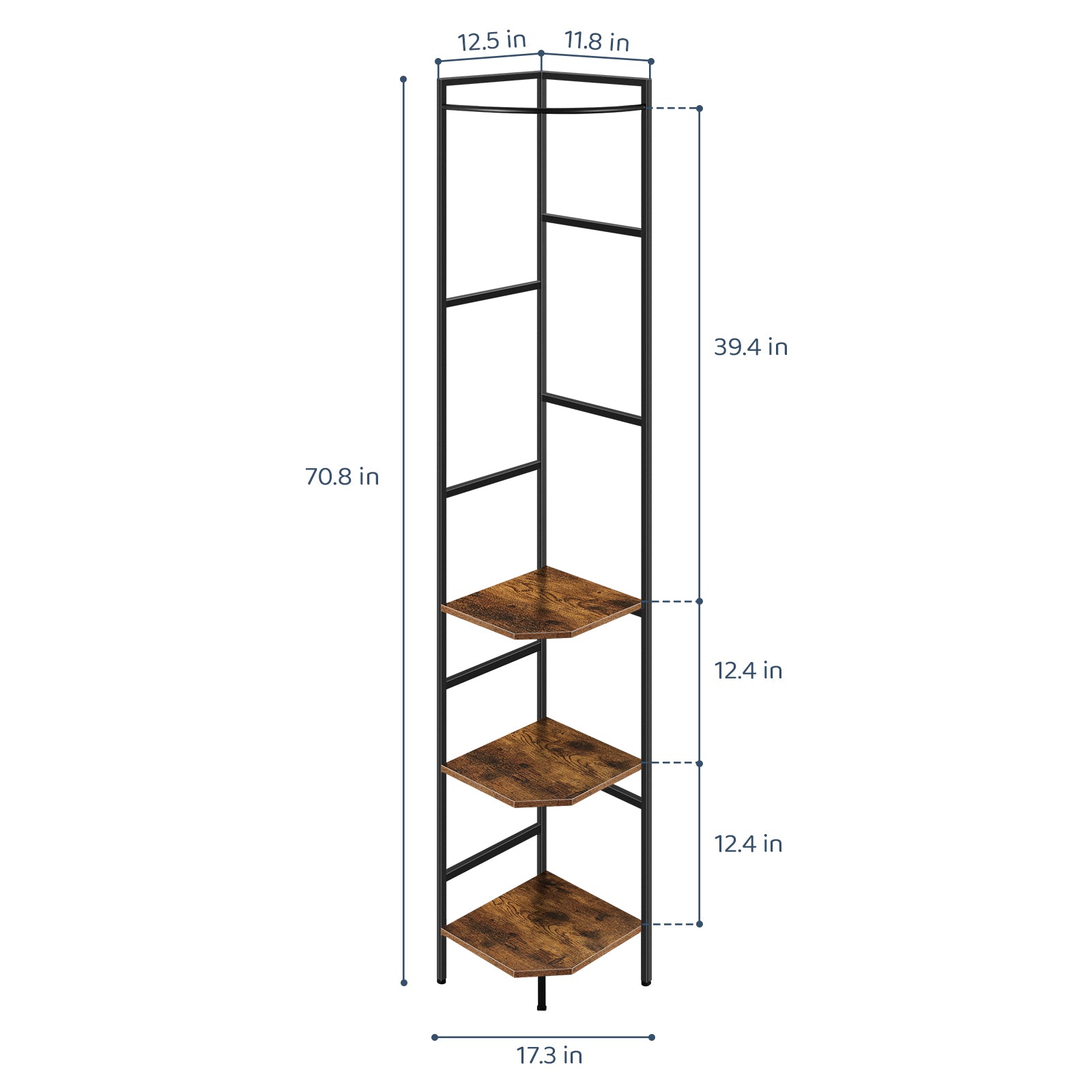 70.8 Inch Rustic Brown Tall Corner Unit with 3-Tier Shelving and Integrated Coat Rack for Versatile Small Space Storage in Living Rooms or Offices