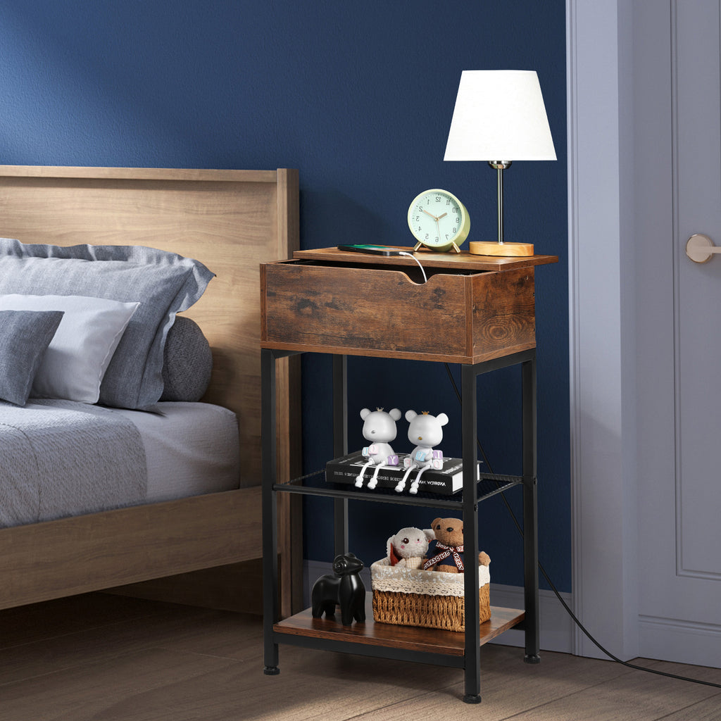 Rustic End Table with Charging Station - Slide Rail Bedside Nightstand w/ USB Ports & Outlets, Brown