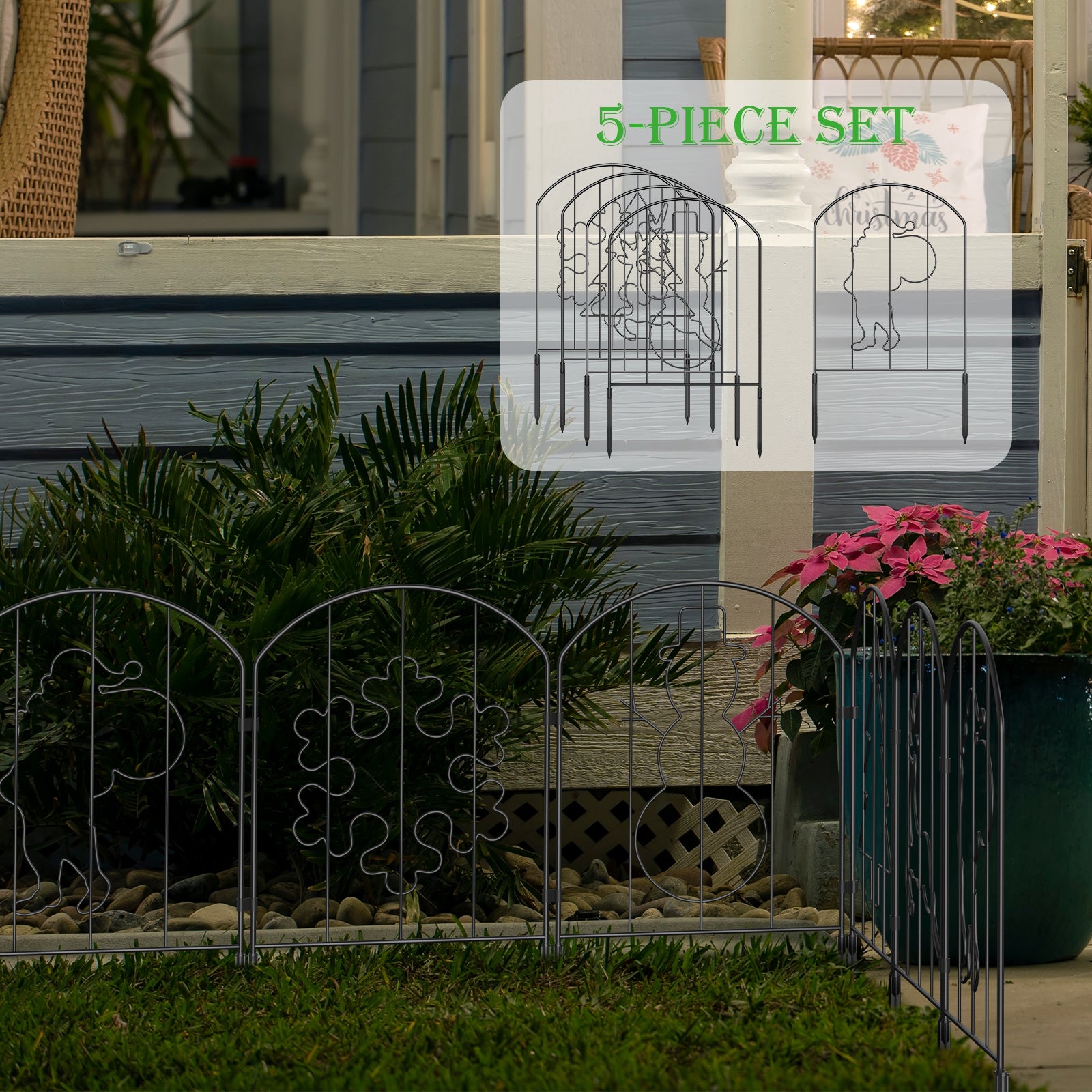 10-Panel Christmas Pattern Garden Fence - 10.4FT Metal Landscape Border with Festive Silhouettes