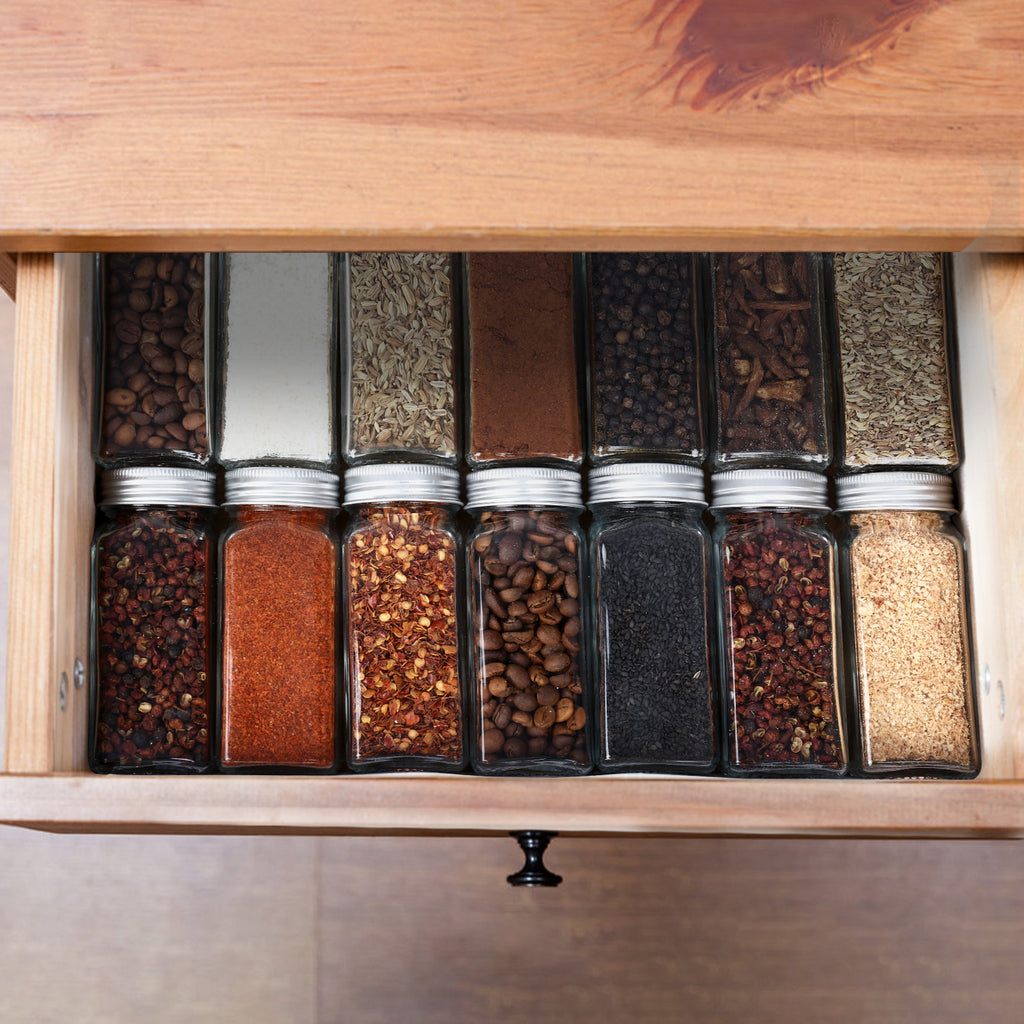 24 Pack Glass Spice Jars with Metal Lids, 4oz Square Seasoning Bottles with Funnel & Labels for Pantry