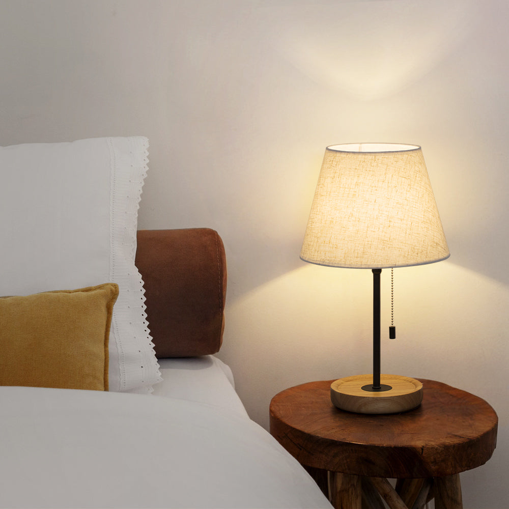 Vintage Style Table Lamps with Wood Base (Set of 2)， Modern Nightstand Lamps with Linen Shade.