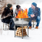 24 Inch Stainless Steel Outdoor Fire Pit, 3-in-1 Wood Burning Square Fire Pit with Cooking Grate, Storage Space & Ash Pan, Multi-functional Firepit for Camping Backyard Bonfire BBQ Picnic Patio