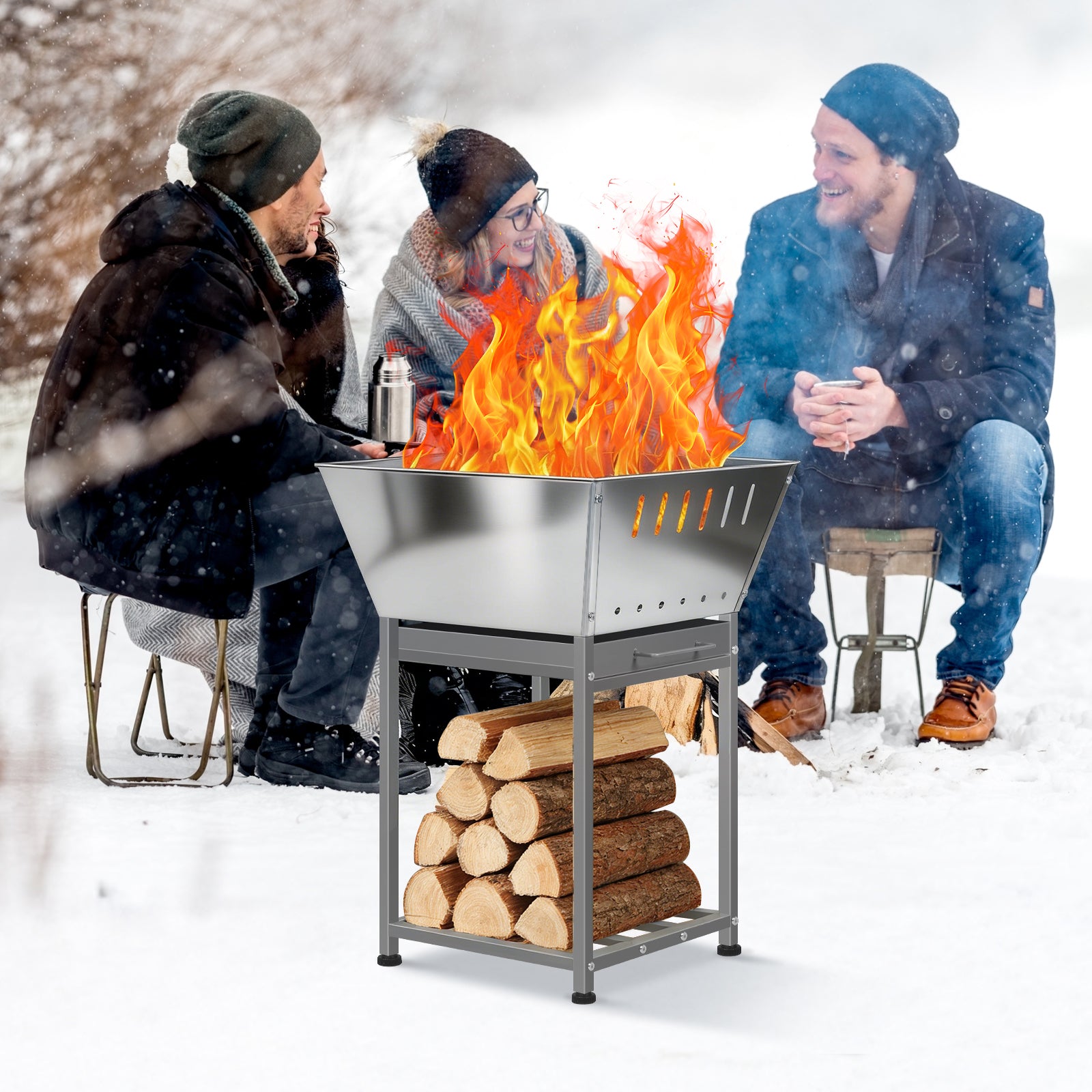24 Inch Stainless Steel Outdoor Fire Pit, 3-in-1 Wood Burning Square Fire Pit with Cooking Grate, Storage Space & Ash Pan, Multi-functional Firepit for Camping Backyard Bonfire BBQ Picnic Patio