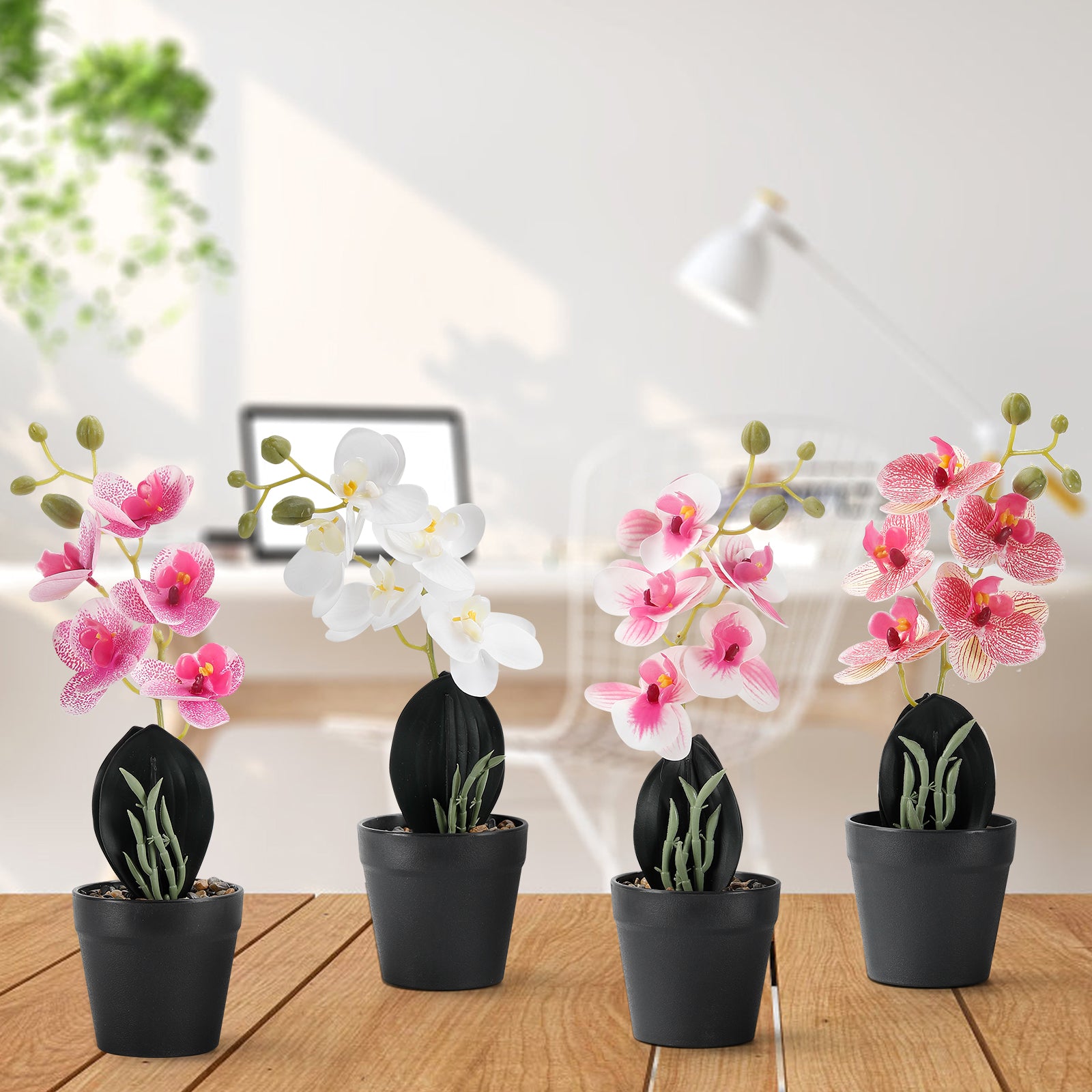 4-Pack Mini Artificial Orchid Potted Flowers, Phalaenopsis Faux Silk Floral Decor for Office Desk & Wedding Table
