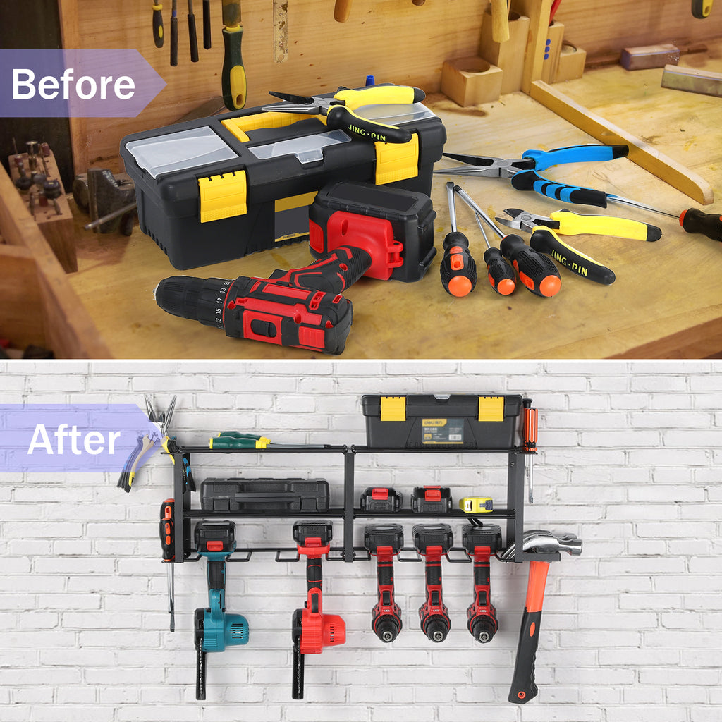 Power Tool Organiser with 6 Drill Holders, Garage Tool Organiser and Storage Rack, Wall Mounted Power Tool Rack, Heavy Duty Metal Tool Rack, Free Standing Tool Rack