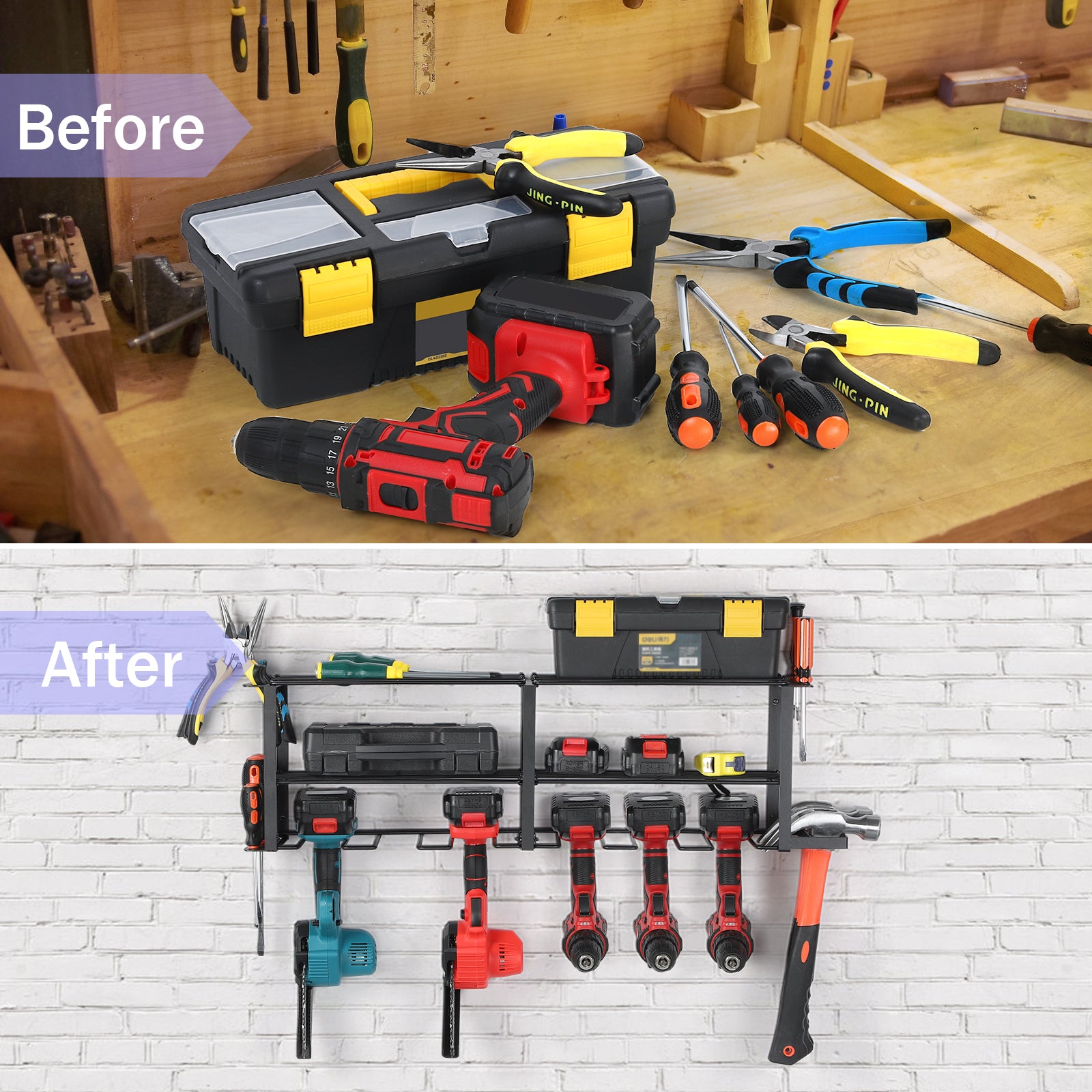 Power Tool Organiser with 6 Drill Holders, Garage Tool Organiser and Storage Rack, Wall Mounted Power Tool Rack, Heavy Duty Metal Tool Rack, Free Standing Tool Rack