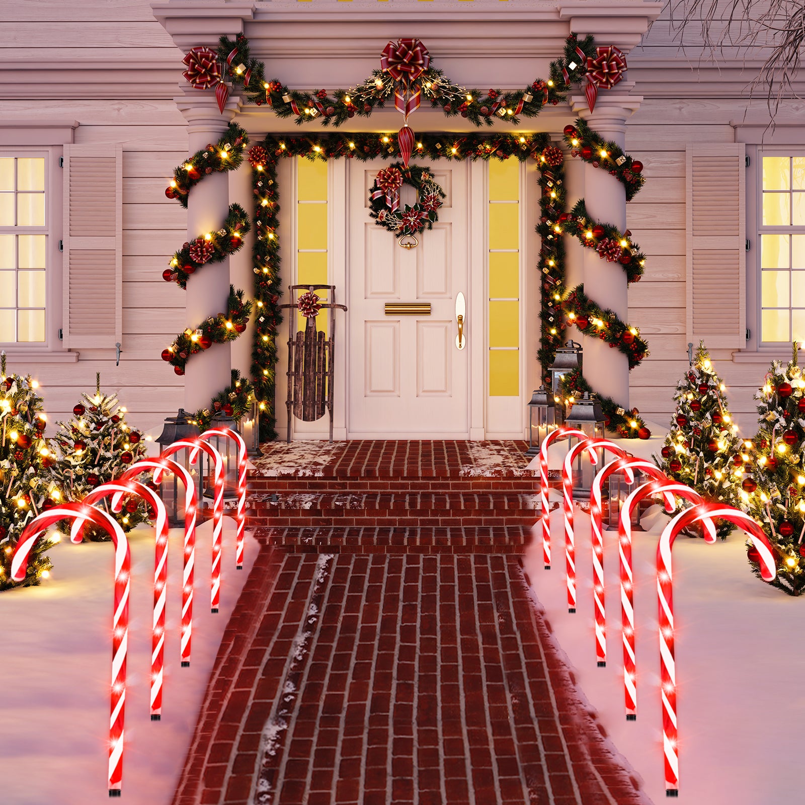 10 Pack 21" Candy Cane Lights Outdoor Pathway Markers - 60 LED Xmas Walkway Decorations w/ Stake