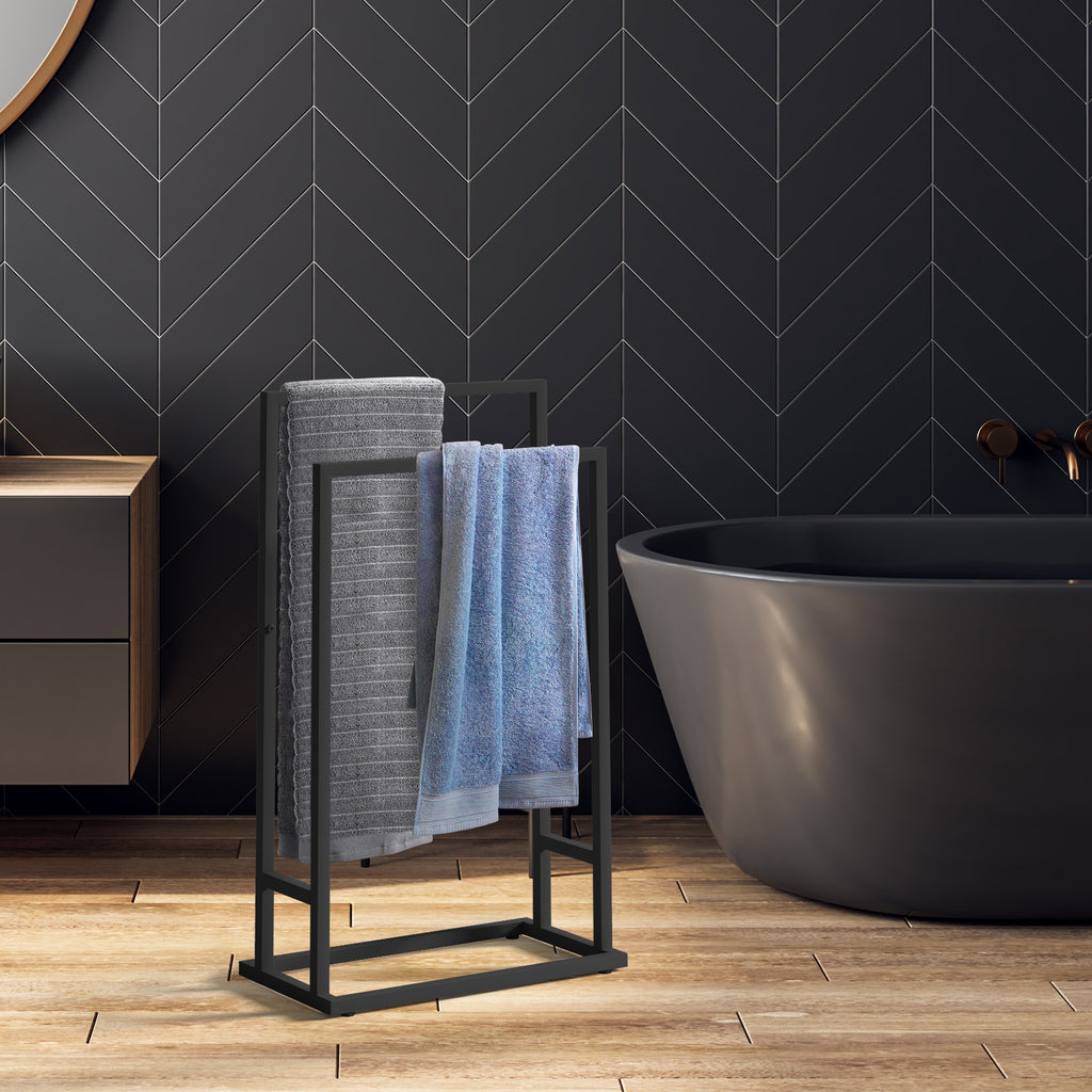 Matte Black Dual-Bar Towel Rack | Freestanding Hand Towel & Blanket Drying Stand
