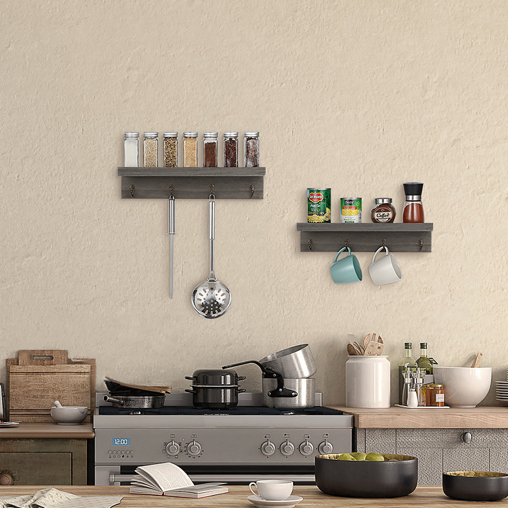 Set of 2 Wall-Mounted Entryway Organizers with 8 Hanging Hooks and Wooden Storage Ledge for Accessories, Dark Gray