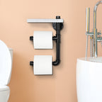 Double Roll Industrial Toilet Paper Holder with Shelf - Wall-Mounted Vertical Tissue Dispenser - Rustic Wood & Pipe Bathroom Storage Rack