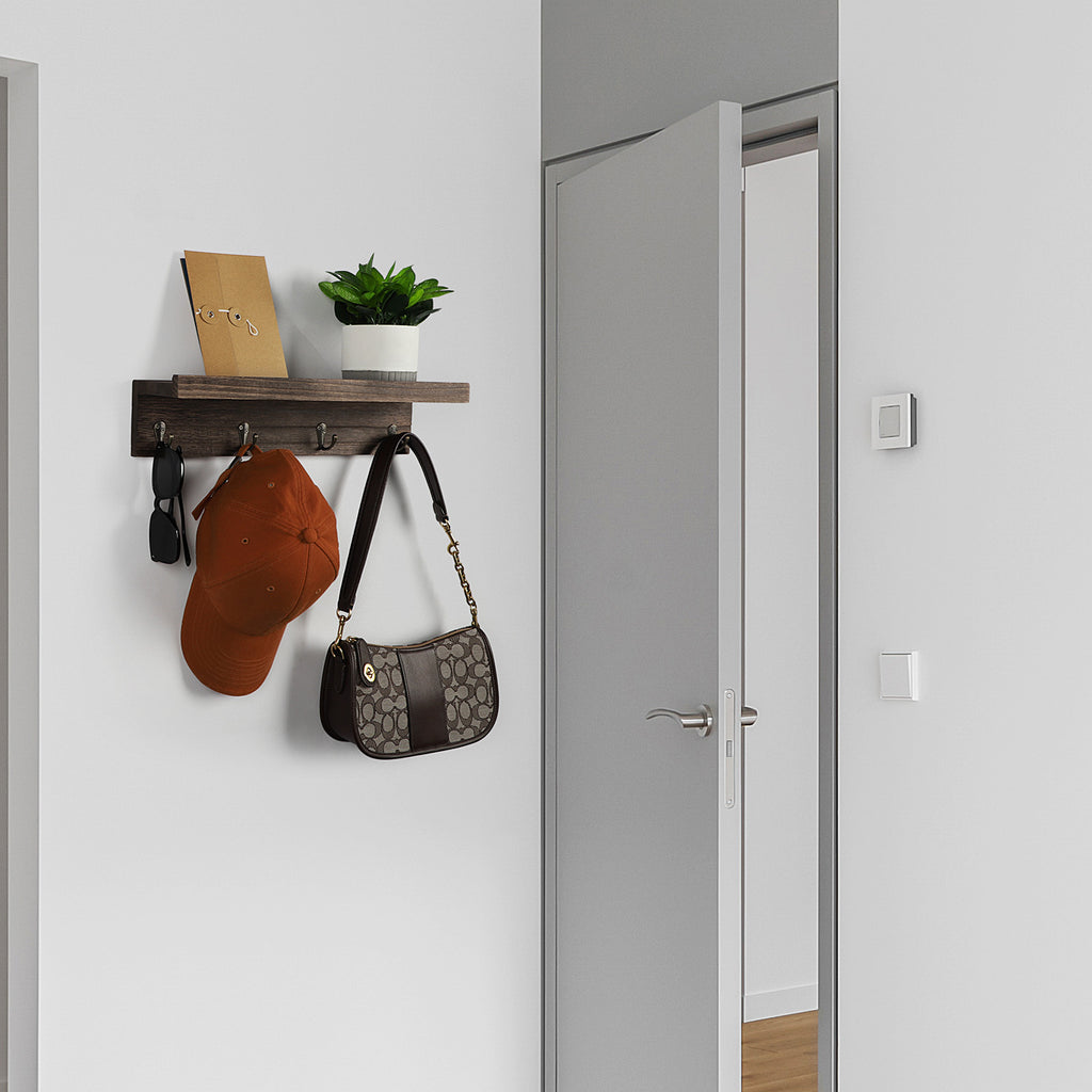 Set of 2 Wall-Mounted Entryway Organizers with 8 Hanging Hooks and Wooden Storage Ledge for Accessories, Dark Gray