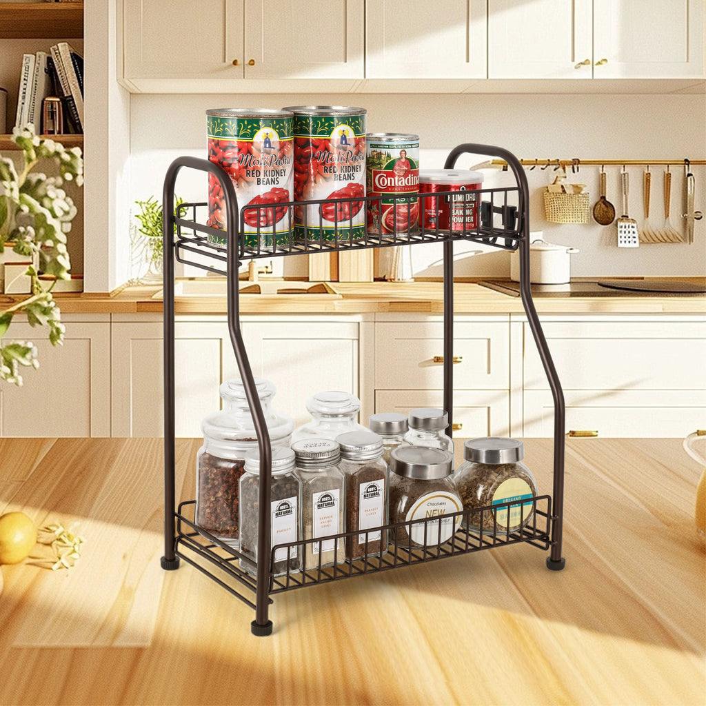 2-Tier Kitchen Spice Rack Organizer - Multi-Purpose Bathroom Counter Shelf with Hooks - Space-Saving Standing Storage, Brown