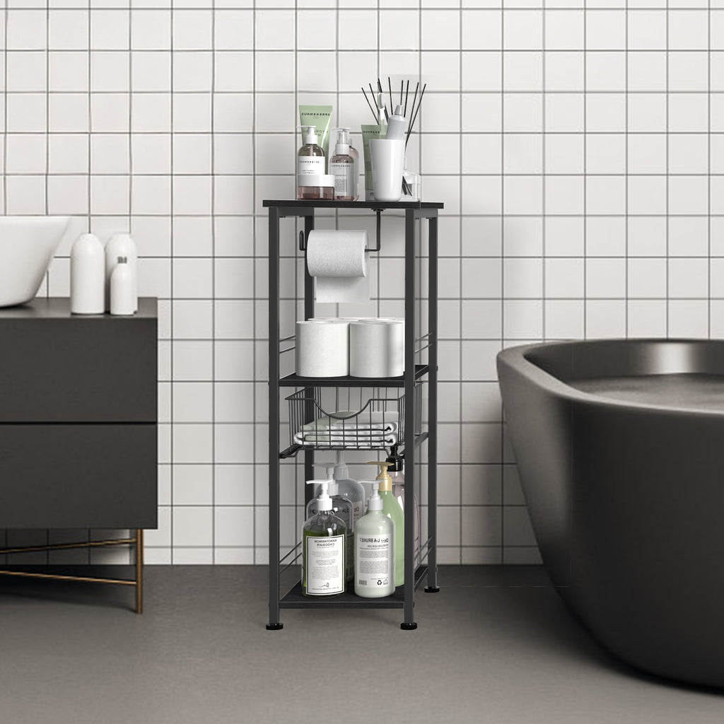 Slim Bathroom Storage Cabinet with Toilet Paper Holder - Narrow Multi-Purpose Floor Shelf for Small Spaces, Laundry Room & Kitchen Pantry, Black