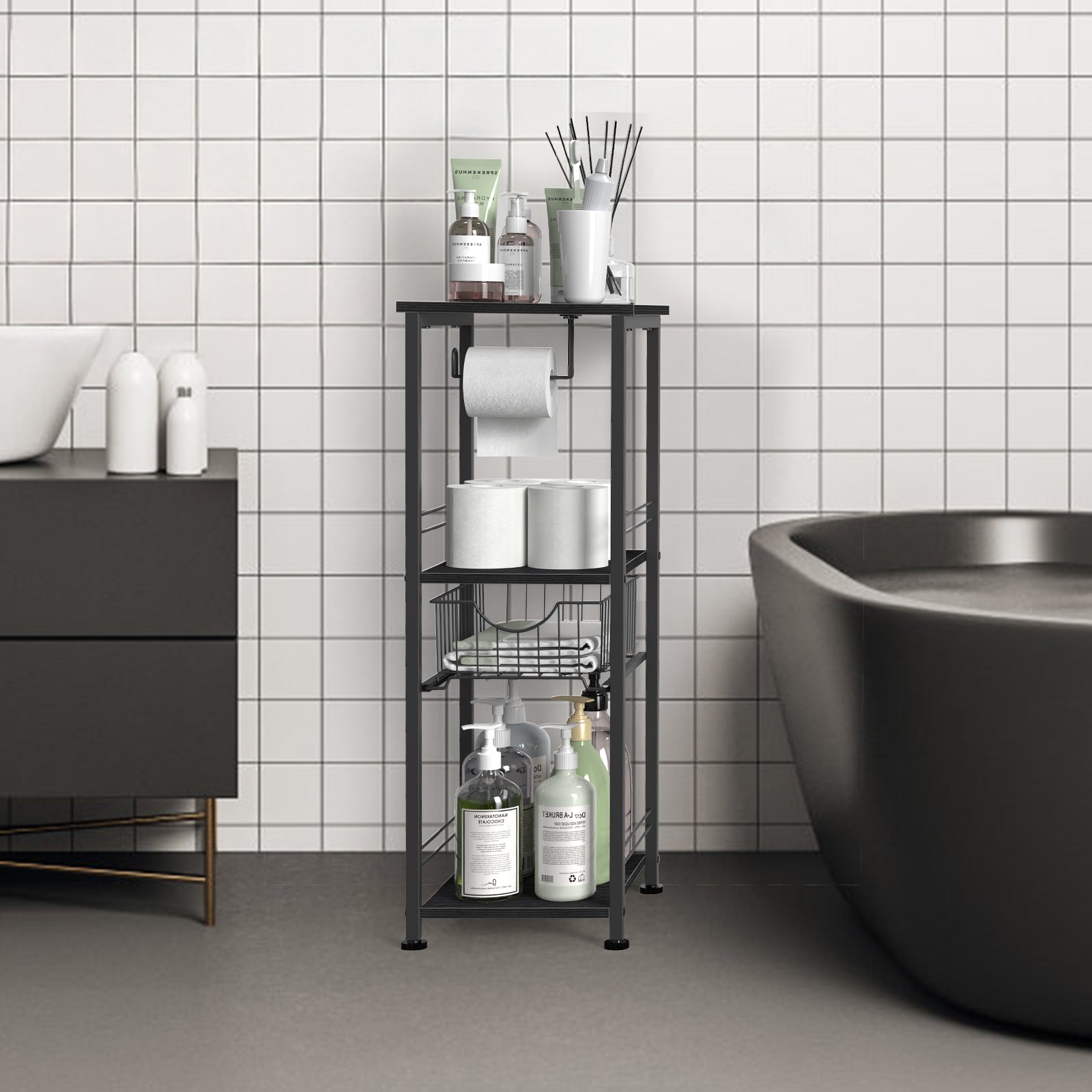 Slim Bathroom Storage Cabinet with Toilet Paper Holder - Narrow Multi-Purpose Floor Shelf for Small Spaces, Laundry Room & Kitchen Pantry, Black
