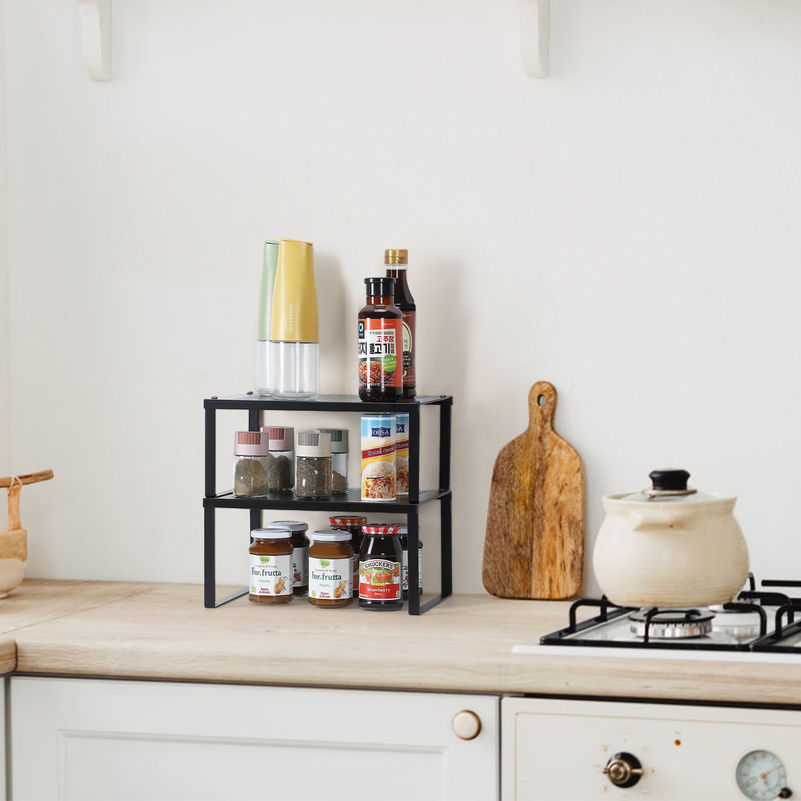 Set of 2 Black Cabinet Shelf Inserts - Expandable & Stackable Kitchen Organizer for Spice Rack