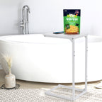 White C-Shaped End Table with Metal Frame, Bedside Snack Side Table for Laptop, Coffee & Living Room,