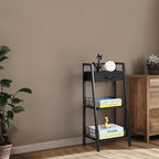 3 Tier Ladder Storage Shelf with Fabric Drawer, Freestanding Small Bookshelf Organizer Rack, Industrial Metal Frame Display Shelves for Bathroom, Bedroom, Living Room, Balcony, Black