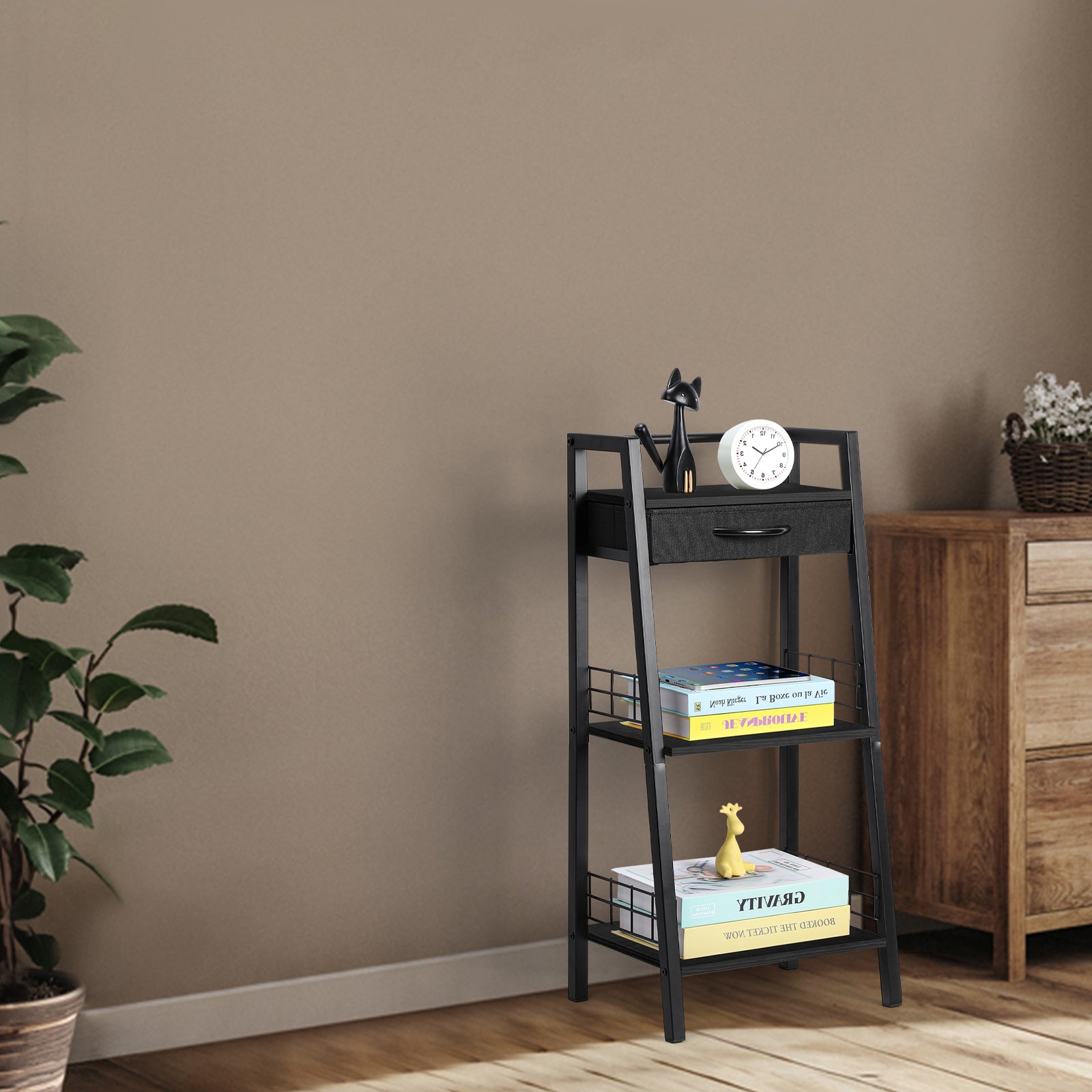 3 Tier Ladder Storage Shelf with Fabric Drawer, Freestanding Small Bookshelf Organizer Rack, Industrial Metal Frame Display Shelves for Bathroom, Bedroom, Living Room, Balcony, Black