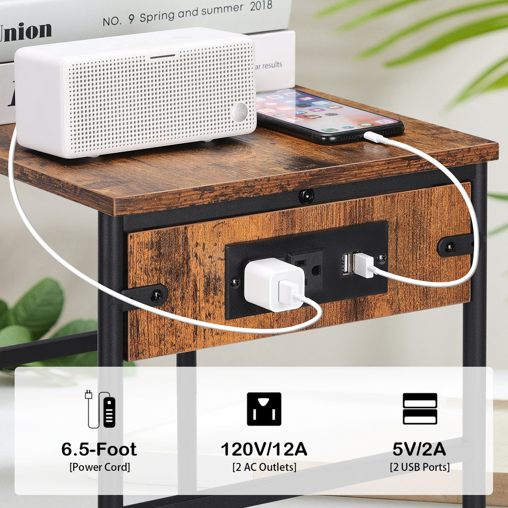 Pair of Rustic Brown 2-Tier Slim Bedside Tables with Integrated Power Outlets and USB Charging Ports, Compact End Tables with Lower Storage Shelf for Bedroom and Living Room