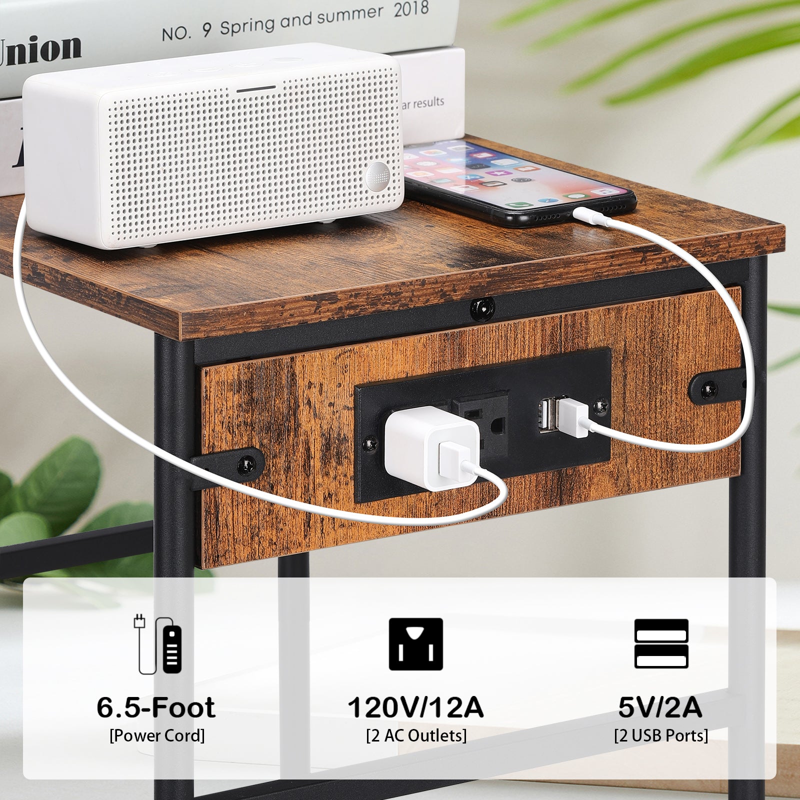 Pair of Rustic Brown 2-Tier Slim Bedside Tables with Integrated Power Outlets and USB Charging Ports, Compact End Tables with Lower Storage Shelf for Bedroom and Living Room