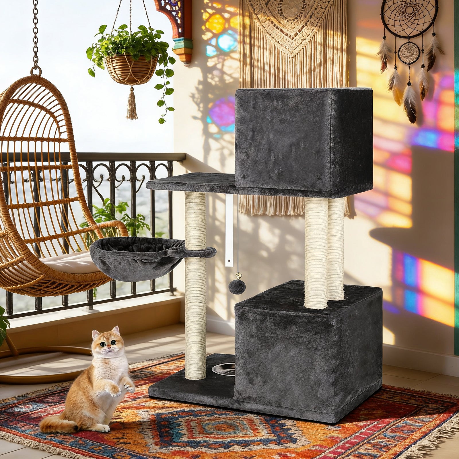37'' Multi-Level Cat Tree Condo - Plush Activity Center with Scratching Posts, Hammock, and Feeding Bowl