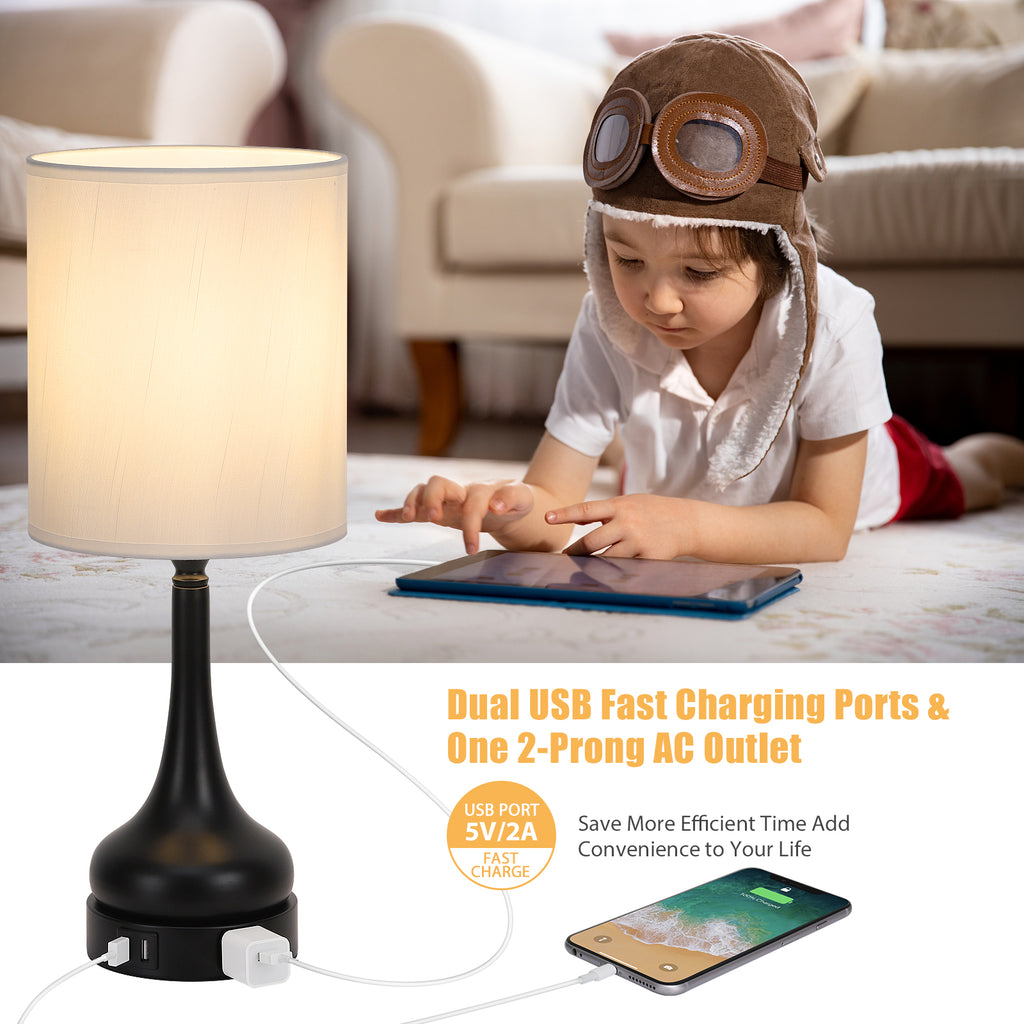 Set of 2 3-Way Dimmable Touch Control Bedside Lamps with Dual USB Ports, AC Outlet, and LED Bulbs for Home Decor