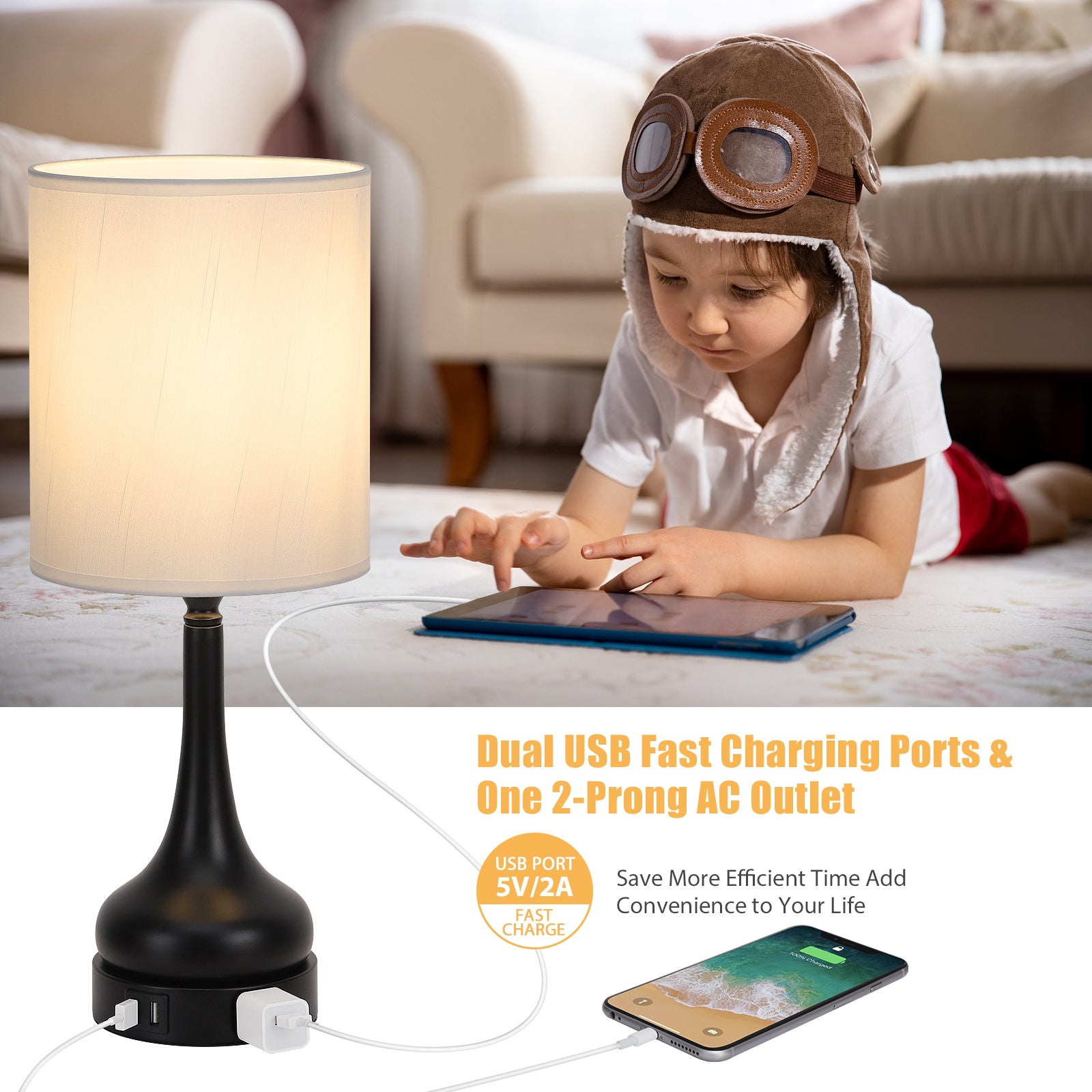 Set of 2 3-Way Dimmable Touch Control Bedside Lamps with Dual USB Ports, AC Outlet, and LED Bulbs for Home Decor