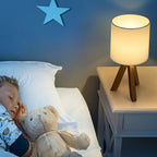 Compact Tripod Base Bedside Light with White Fabric Shade for Kids Rooms and Nursery - Versatile Small Desk Lamp with Brown Base for Bedroom or Study