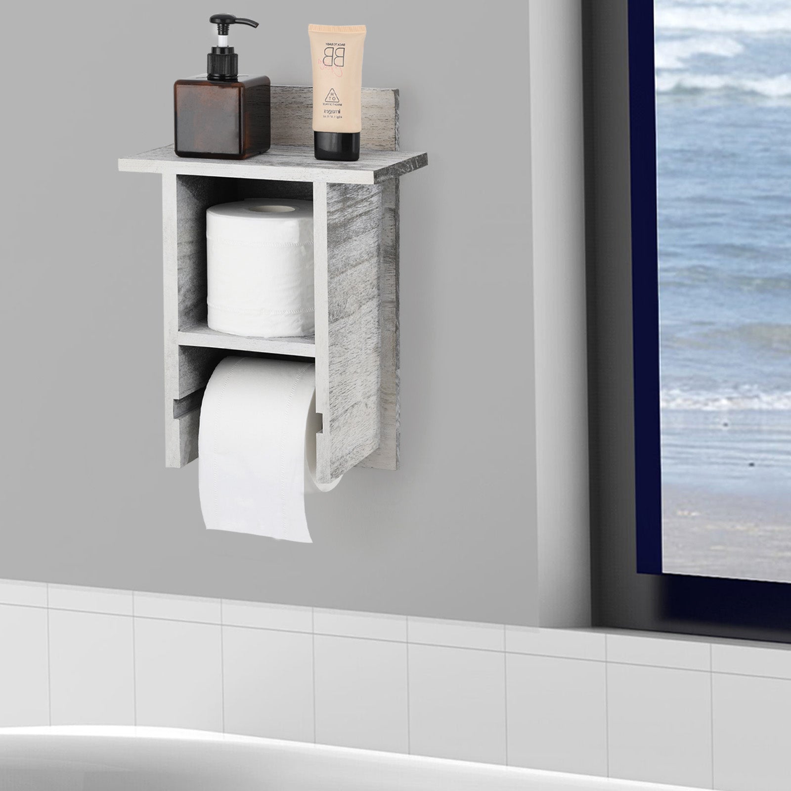 Wall-Mounted Timber Bathroom Tissue Stand with Integrated Storage Surface