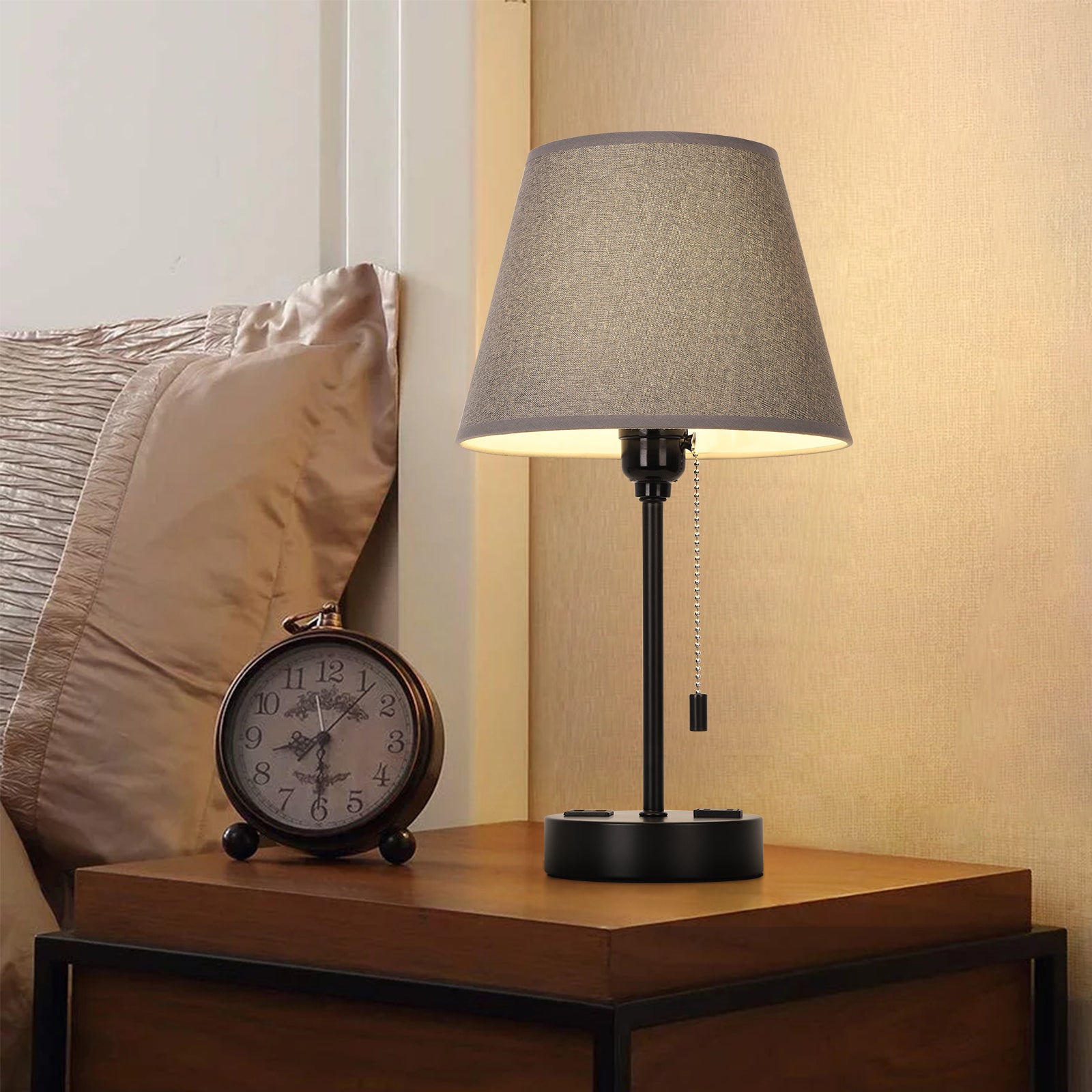 Table lamp, set of two bedside lamps, with 2 USB ports, zipper switch, modern style bedside table lamp, gray lampshade, suitable for bedroom, study, living room, dining room, tavern