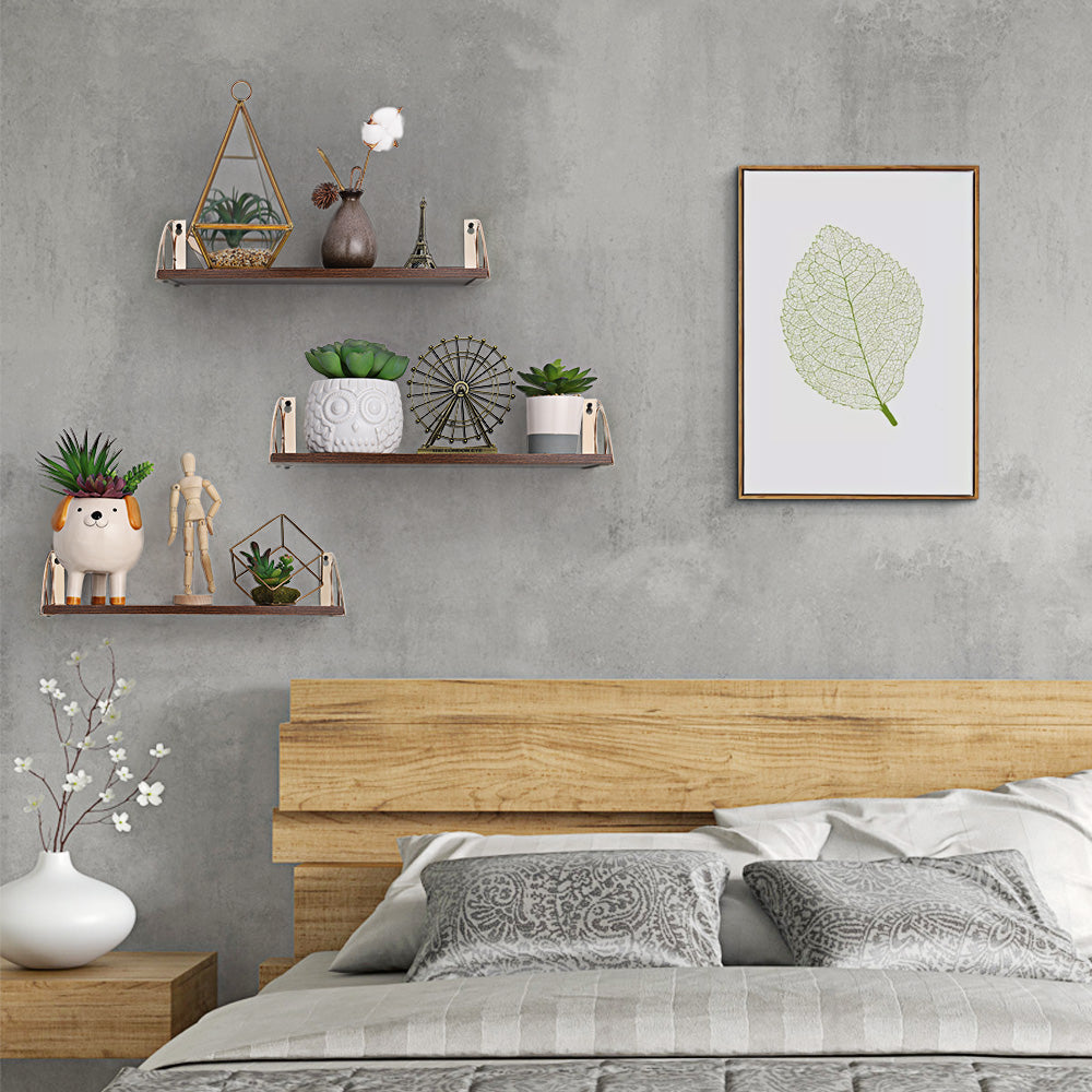 Modern Arched Floating Shelves Set of 3 - Gold Metal & Dark Wood Wall Shelves for Sophisticated Decor